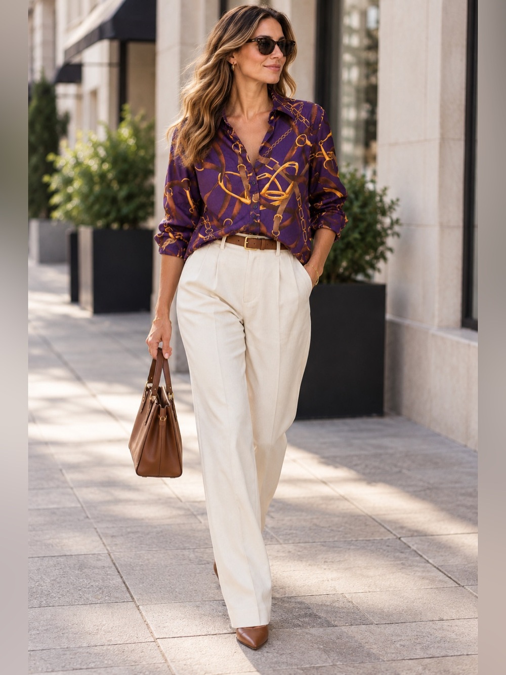 Ralph Lauren Purple & Brown Chain Print Button-Up Blouse